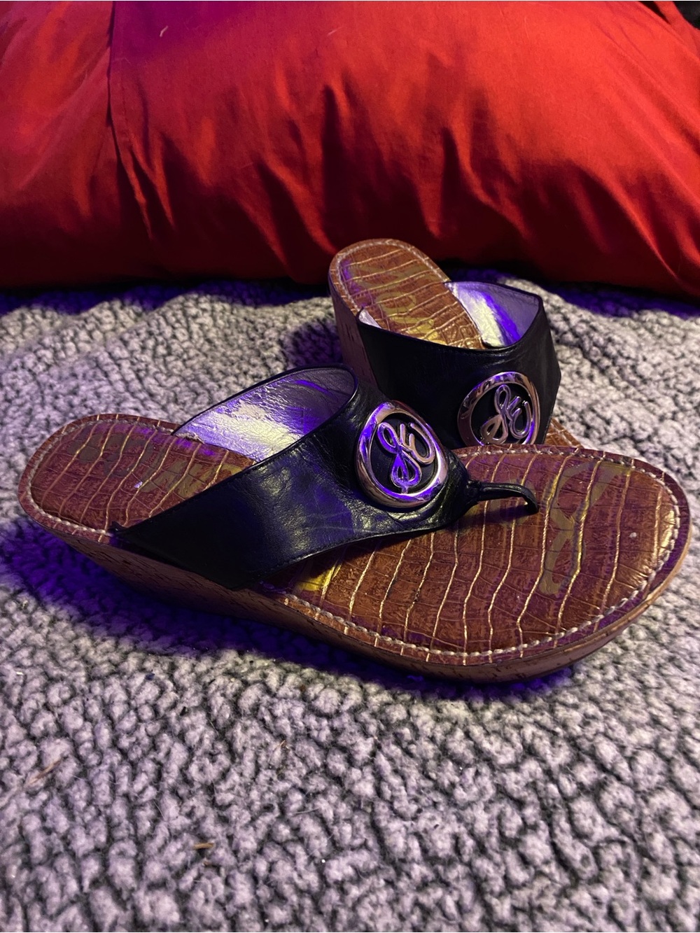 Sam Edelman Black Leather Thong Wedge Sandals with Brown Croc-Textured Footbed